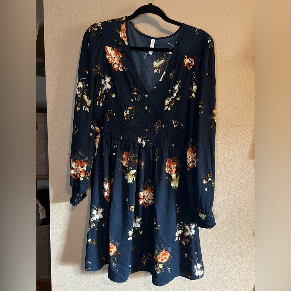Xhilaration Navy Blue, Floral Print Smocked-Sleeve Dress - Size L